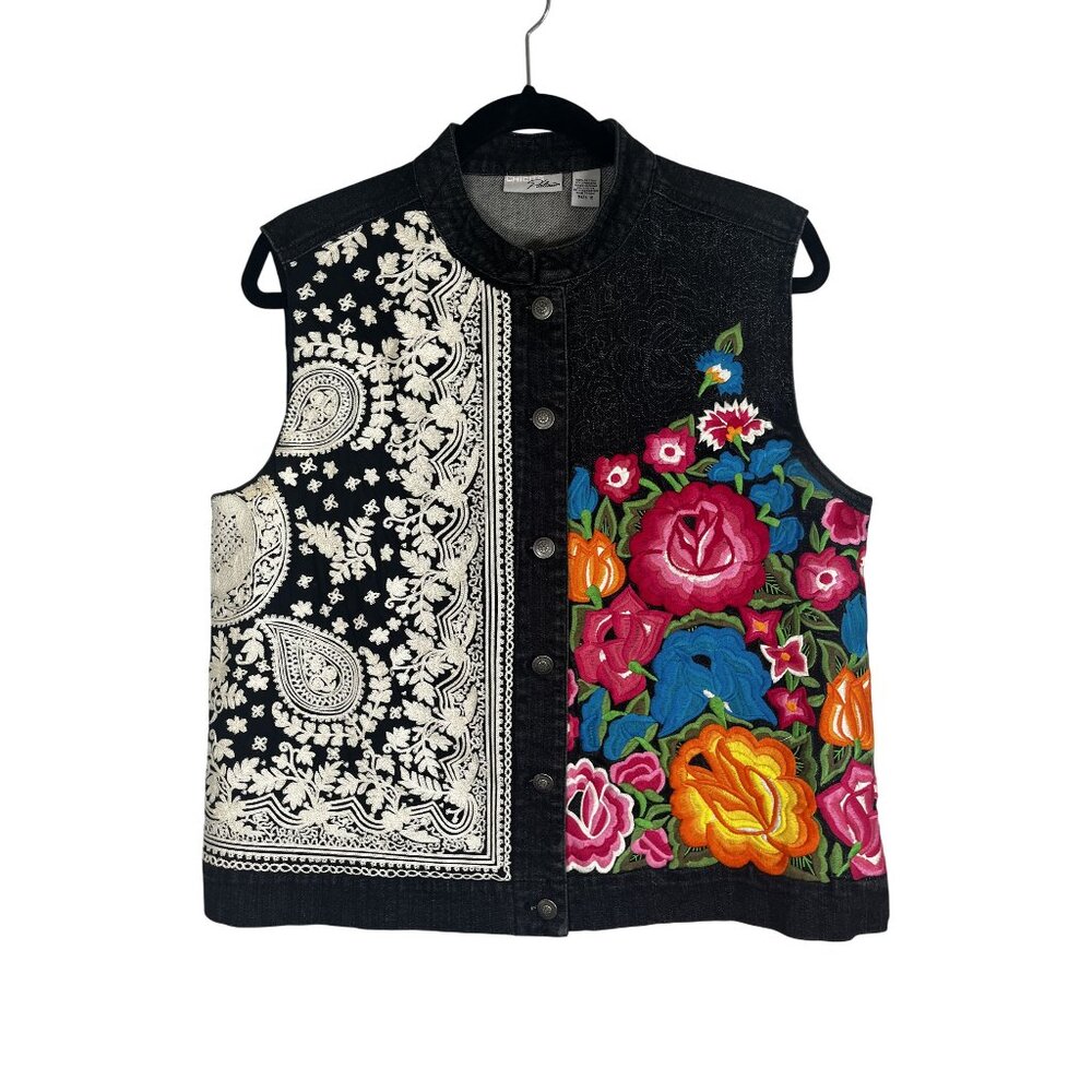 Chicos Denim Floral Embroidered Vest M Western Festival Country Boho‎ Indie Folk